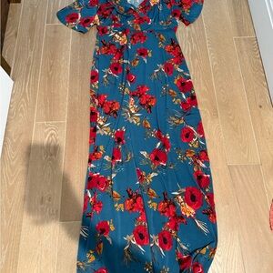 Floral Maternity Maxi Dress in Teal with Red Bloom